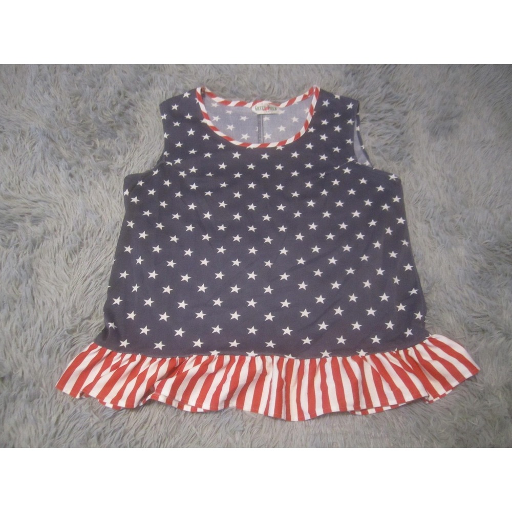 Green Field Tank Top Womens Large Navy Star Flag Ruffle Hem Patriotic USA